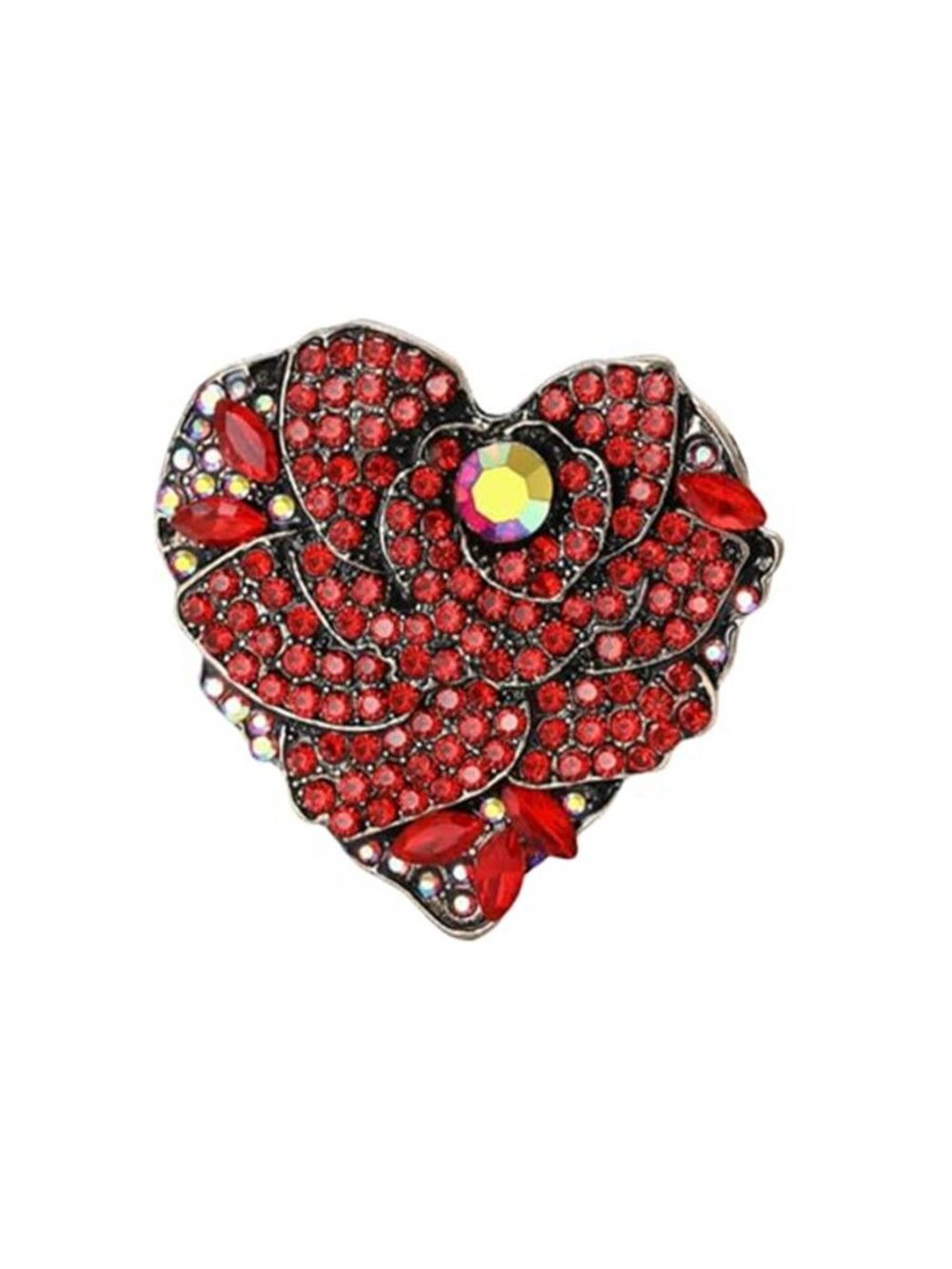 Valentine's Red Rose CZ Heart Brooch, Crystal Flower Rhinestone Pin for Women,